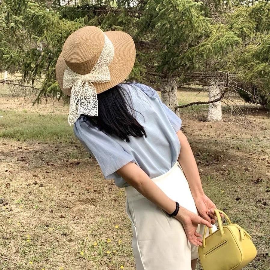 Bow lace strap hat women's outdoor travel flat top straw hat sunshade travel sunscreen big brim top hat