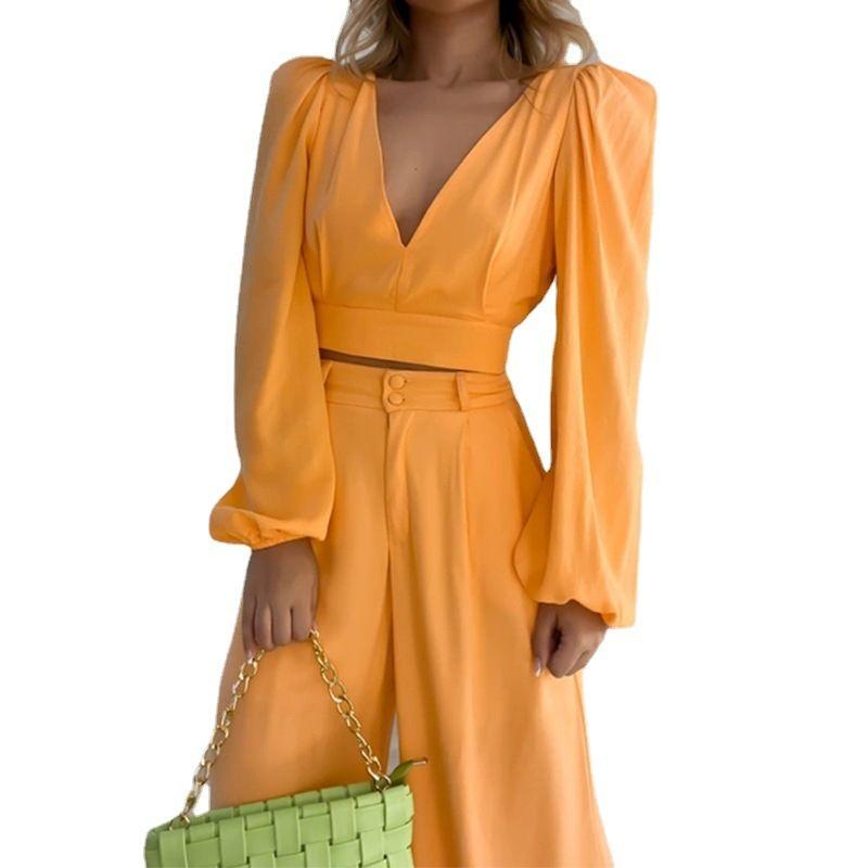 Women's V-neck Long Sleeve Shirt High Waist Wide Leg Pants Fashion Casual Set V-Neck Two-Piece Set