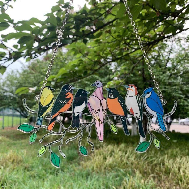 Spectacular Stained Glass Birds-on-a-wire Window Panel For Elegant Decor