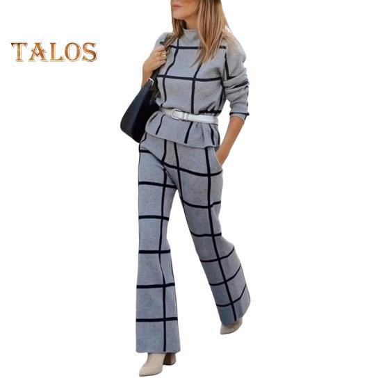 

2 шт./комплект женский топ брюки костюм с полувысоким воротником клетчатый принт длинные рукава свободная блузка эластичная высокая талия широкие брюки с карманами OL L серый