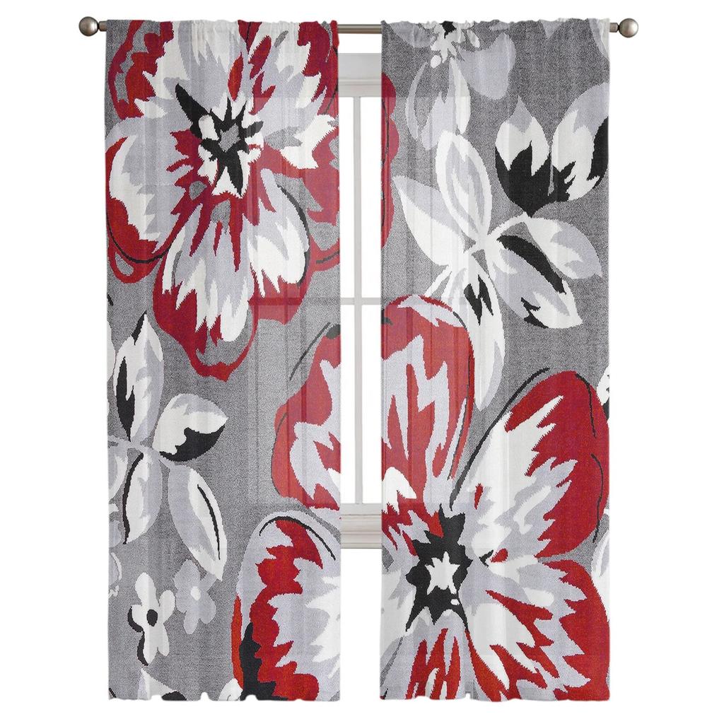 Flore Roșu Gri Textura Perdele Transparente Pentru Sufragerie Dormitor Decor Bucătărie Tulle Pentru Ferestre Voile Draperii