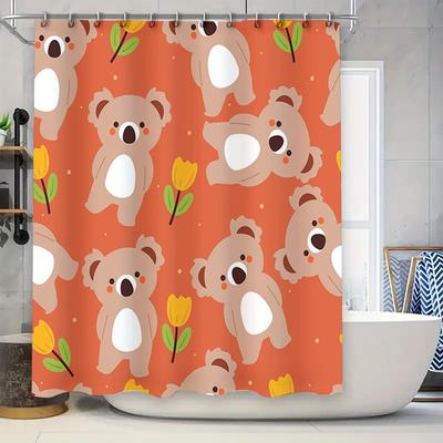 Cozy Cartoon Animal Print Shower Curtain for Bathroom Decor Orange Teddy Bears Tulips Design
