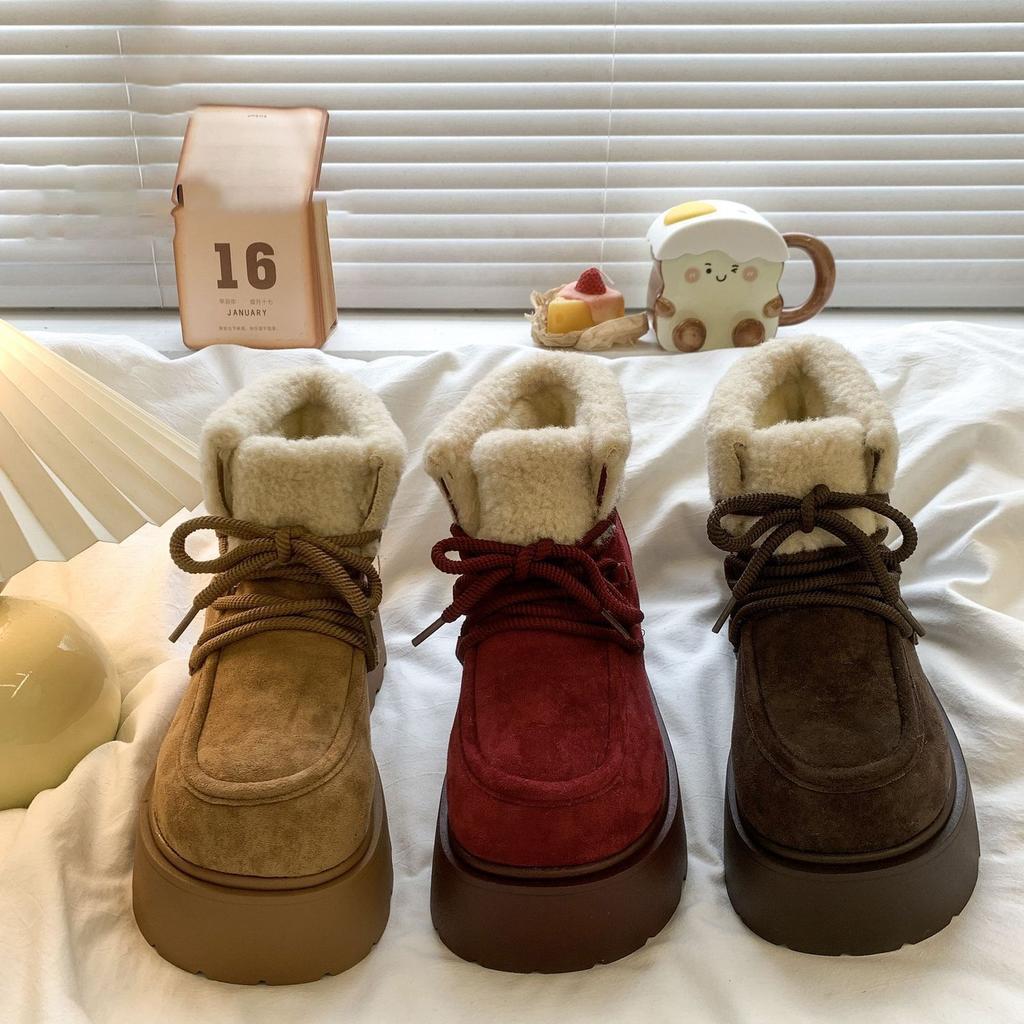 Height-increasing muffin sole versatile cotton shoes trendy leather 2025 winter new velvet thickened hair integrated thick-soled snow boots women