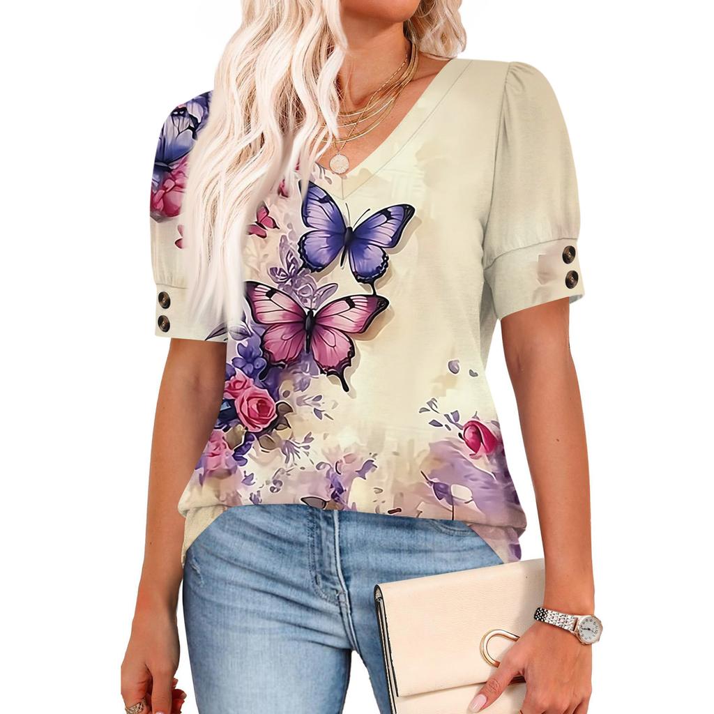 Womens Tops Short Sleeve Shirts Buttons V Neck  Fashion Outfits  Blouses  Casual