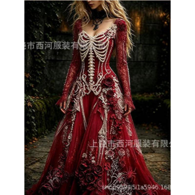 Abito da donna vintage gotico con teschio e rosa, motivo a gradiente, vestito lungo di Halloween con motivo a gradiente