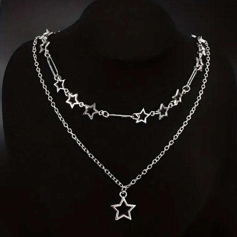 

2pcs Set Y2K Personality Star Chain Five-pointed Star Pendant Necklace for Women Double Layer Wear Collar Chain Jewelry Gifts
