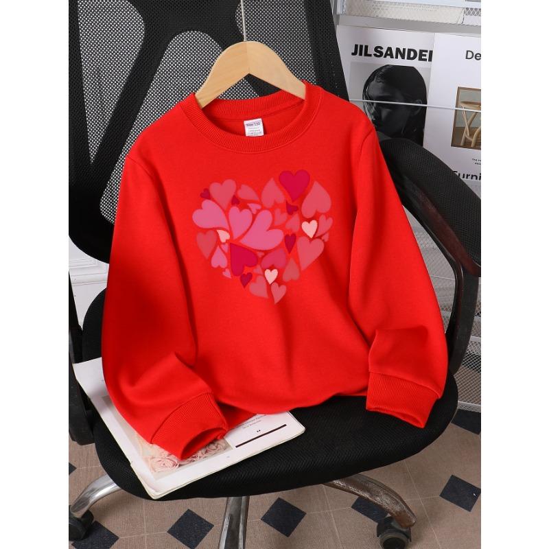 European Sizes Girls' Crew Neck Sweatshirt with Heart Pattern Love Design In Red Pink, Soft Cozy Pullover, Warm Casual for Autumn & Winter.