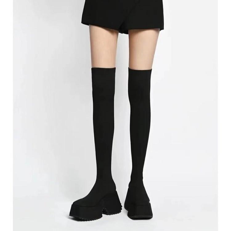 Herbst 2025 Strick Elastische Slip-On Stiefel mit klobigem Absatz für Damen in Übergröße