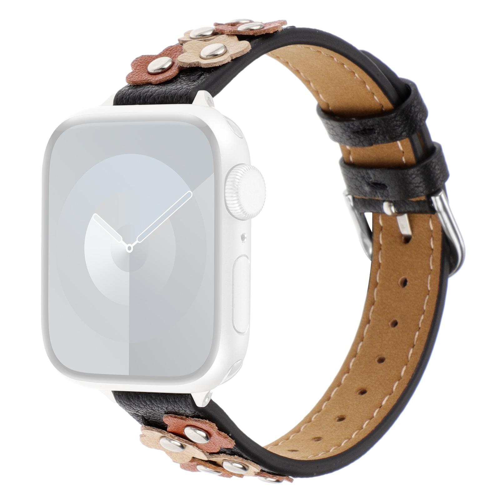 

Watch Band for Apple Watch Series 10 42mm/9 8 7 41mm/SE (2023) SE (2022) SE 6 5 4 40mm/3 2 1 38mm PU Leather Watch Strap with Flower Rivets Black