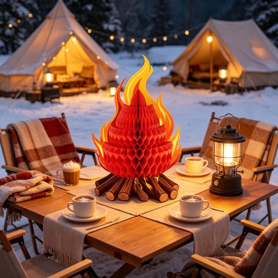 Fake Campfire Decoration 3D Paper Honeycomb Campfire Centerpiece Artificial Flame Folding