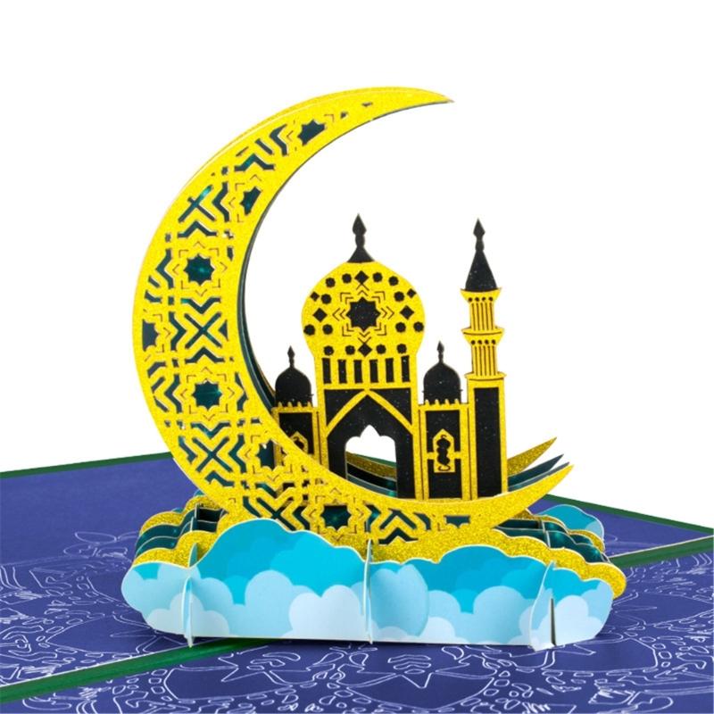 Festive 3D Eid Card Creative Popup Holiday Greeting Cards Built-in Blank Space with Envelope Small Card Party Supplies