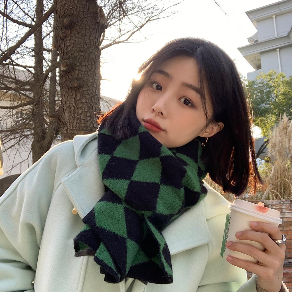 Green Rhombus Plaid Scarf for Women In Winter Japanese Style Versatile Student Thickened Warm Plaid Knitted Short Scarf Trendy