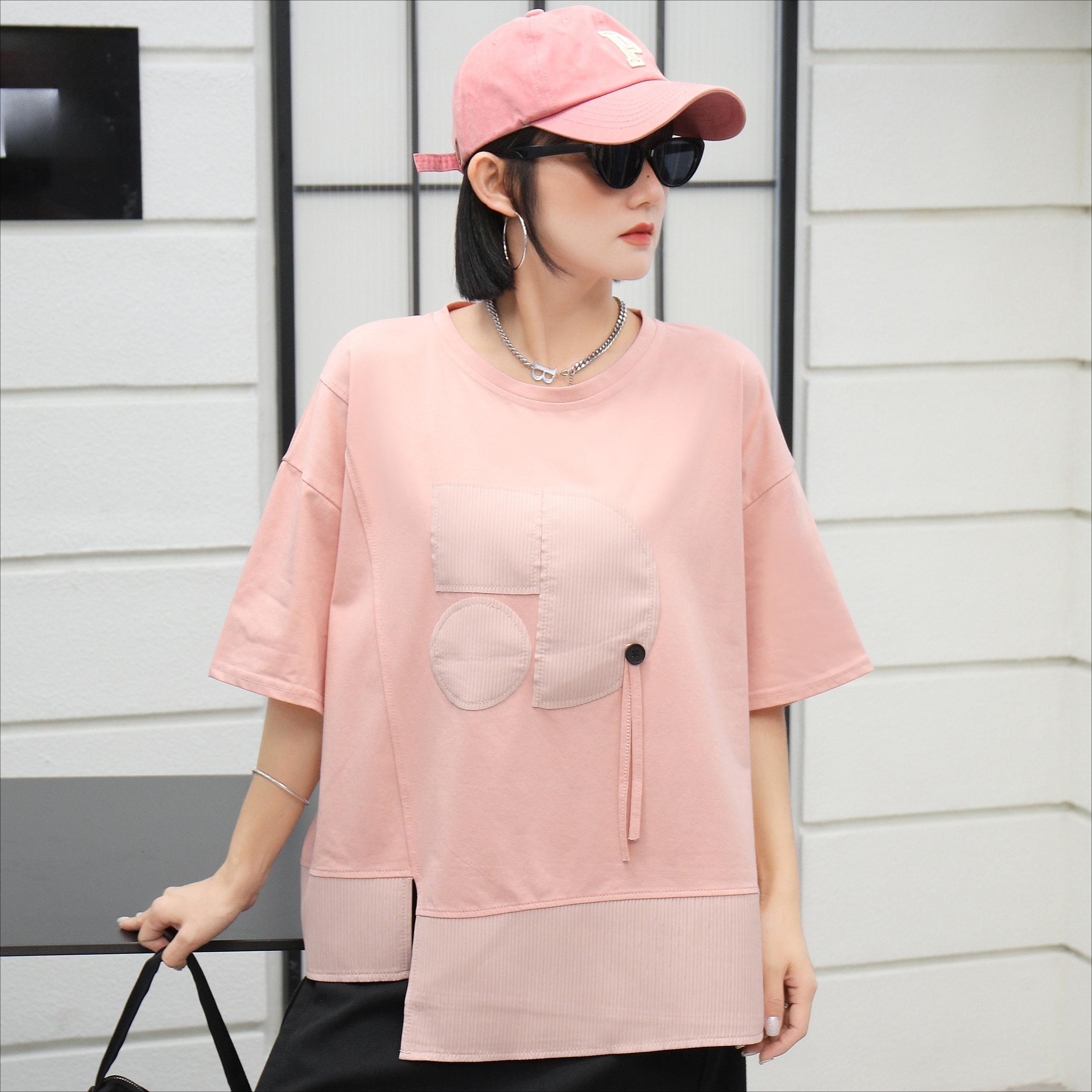 

DIMANAF 2025 Летняя хлопковая футболка женская с принтом асимметричная с коротким рукавом свободная One Size