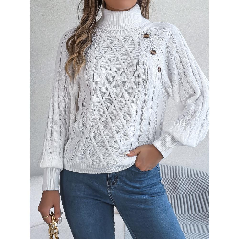 Autumn/Winter Casual Solid-Colour Buttoned Cable-Knit Turtleneck Bell-Sleeve Pullover for Women