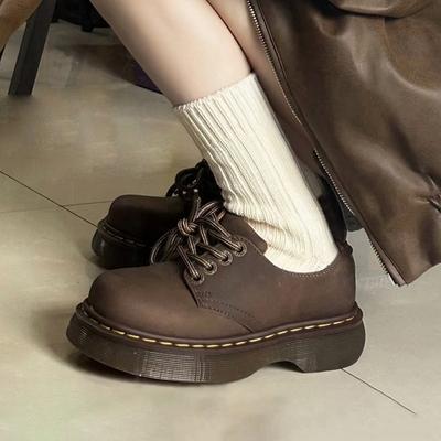 Sheepskin Version~ Leather Round Head Crazy Horse Brown Martin Shoes British Style Small Leather Shoes Women's Platform Muffin Loafers Single Shoes