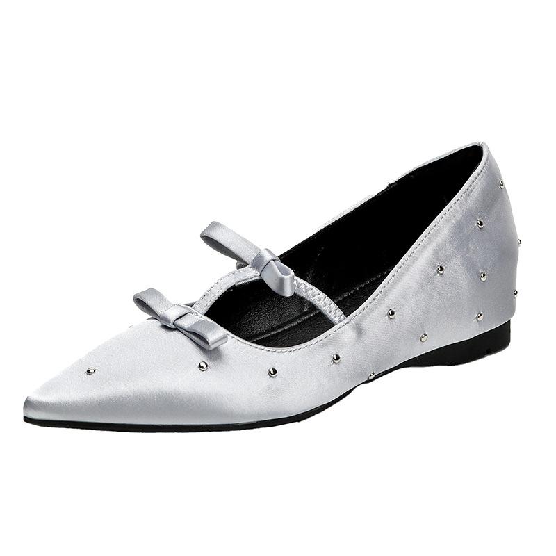 Not Tired Feet! Invisible Inner Height Increase Spring and Summer New Polka Dot Rhinestone Satin Mary Jane Pointed Single Shoes Women
