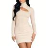 Women's Solid Color Semi High Neck Hollow Out Long Sleeved Waist Slimming And Tight Fitting Hip Hugging Skirt
