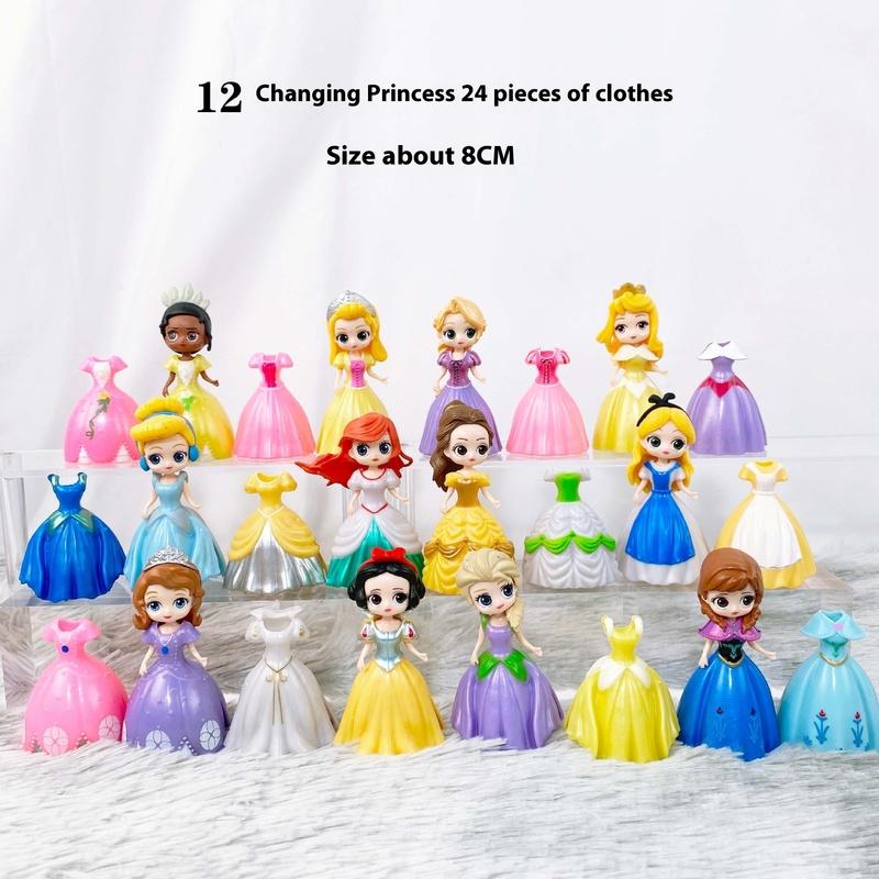 24pcs Cartoon Princess Cinderella Belle Alice Snow White Ariel Rapunzel Action Figures Interchangeable Clothes Toys Dolls Gifts