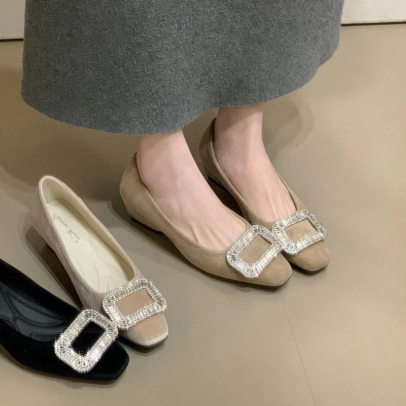 French square buckle rhinestone wedge heels 22 spring and autumn new commuter velvet square head high heels