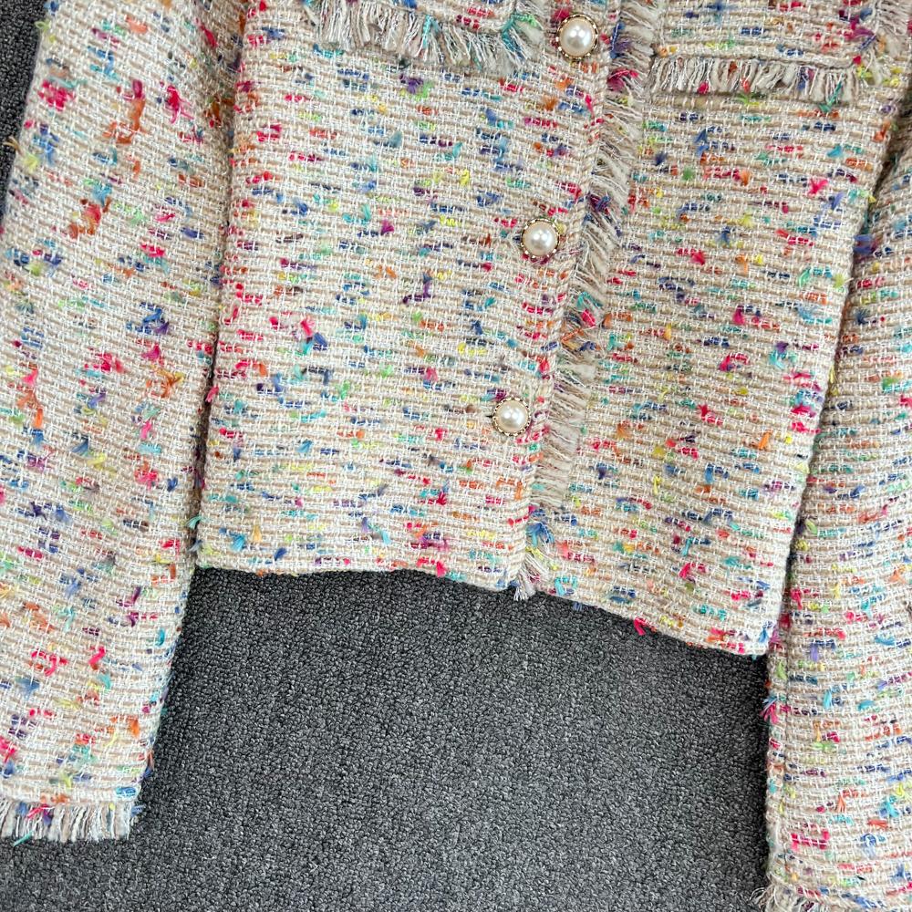 Autumn Winter Fashion Sweet Girls Print Tweed Jacket Coat Women Long Sleeve Tassel Outerwear