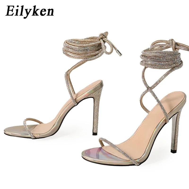 

Fashion Eilyken Crystal Diamond Ankle Cross Strap Lace-Up Womens Sandals Sexy Thin High Heels Shoes Fashion Party Stripper Ladies Pumps 35 золотистий