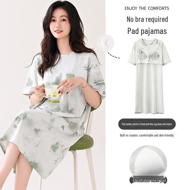 Gureide Women's Summer Cotton Short Sleeve Nightdress with Chest Pads