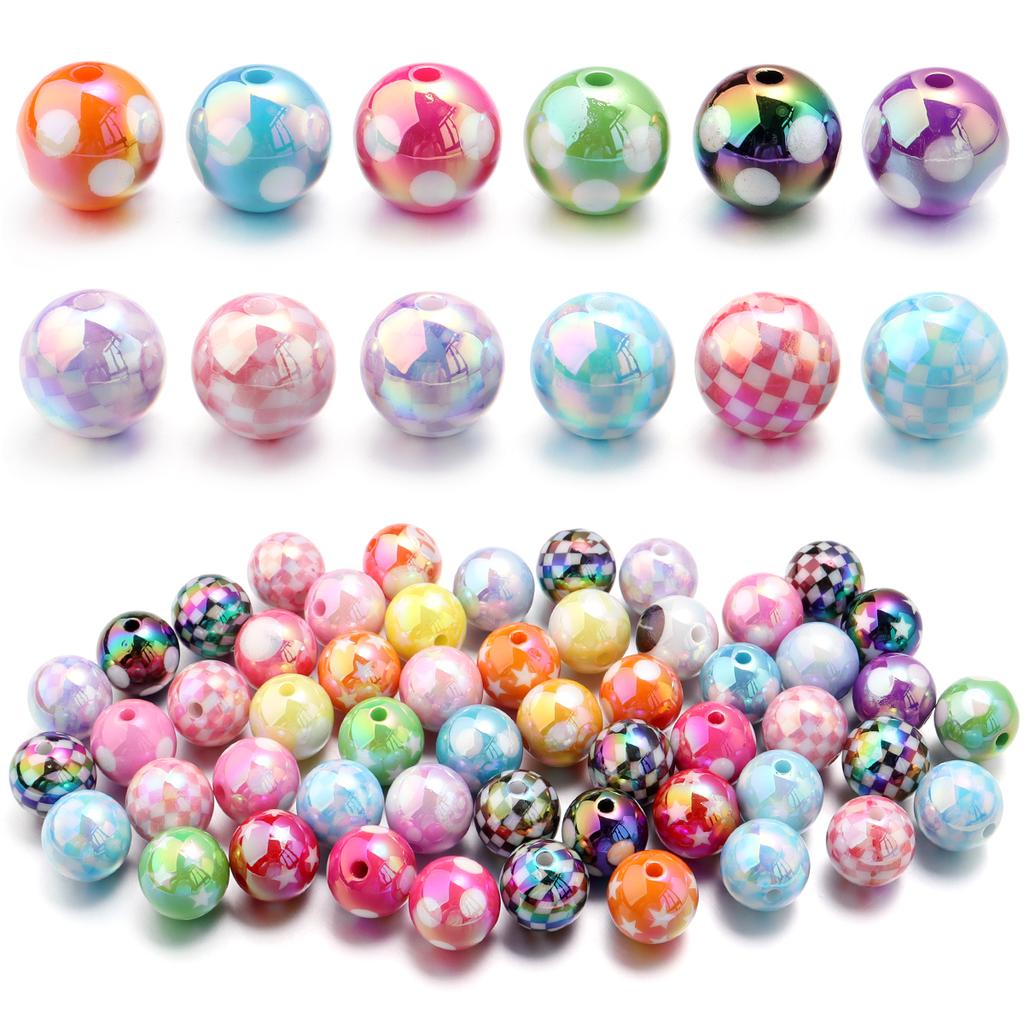 10Pcs 15.5mm Acrylic Plated UV Colored Beads Stripes Star Printed Loose Round Beads For DIY Phone Chain Jewelry Accessories