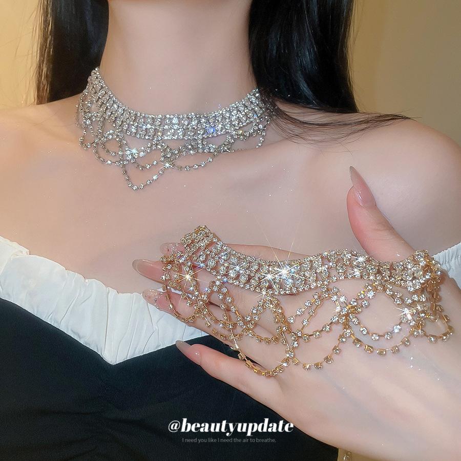 High-end Light Luxury Rhinestone Multi-layer Lace Fringed Necklace Exquisite Niche Clavicle Chain Personalized Fashion Women Accessories