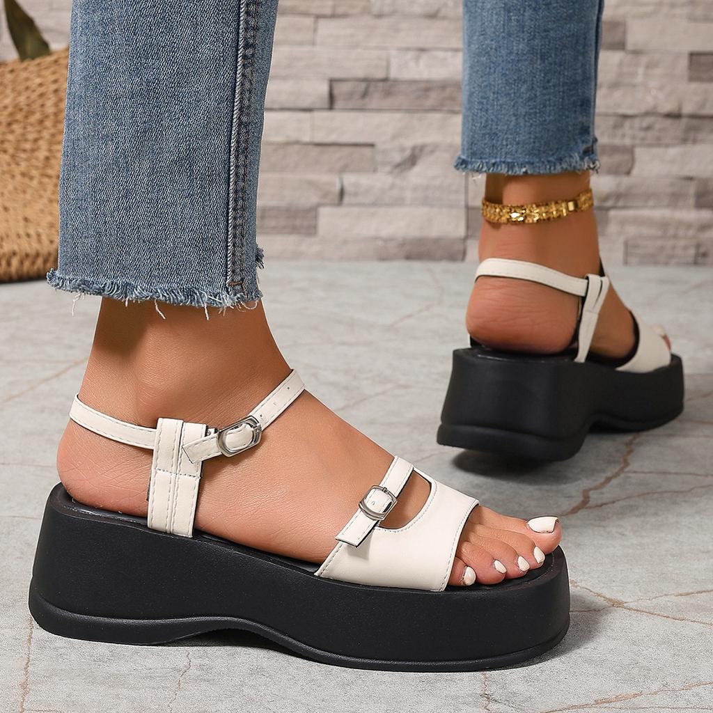 Women's Sandals Outside the Summer of 2025, the New Silver Square Head Wedge Heel Muffin Bottom One-word Buckle with Retro Roman Shoes