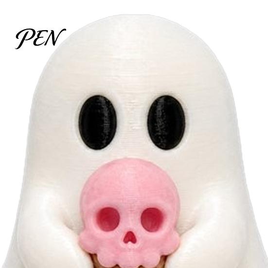 3D Printed Desk Accessories Halloween Mini Ghost Decorative Figurine, White Statue with Portable Figurines Pink Skull Ice Cream, Cute Desktop Ornament