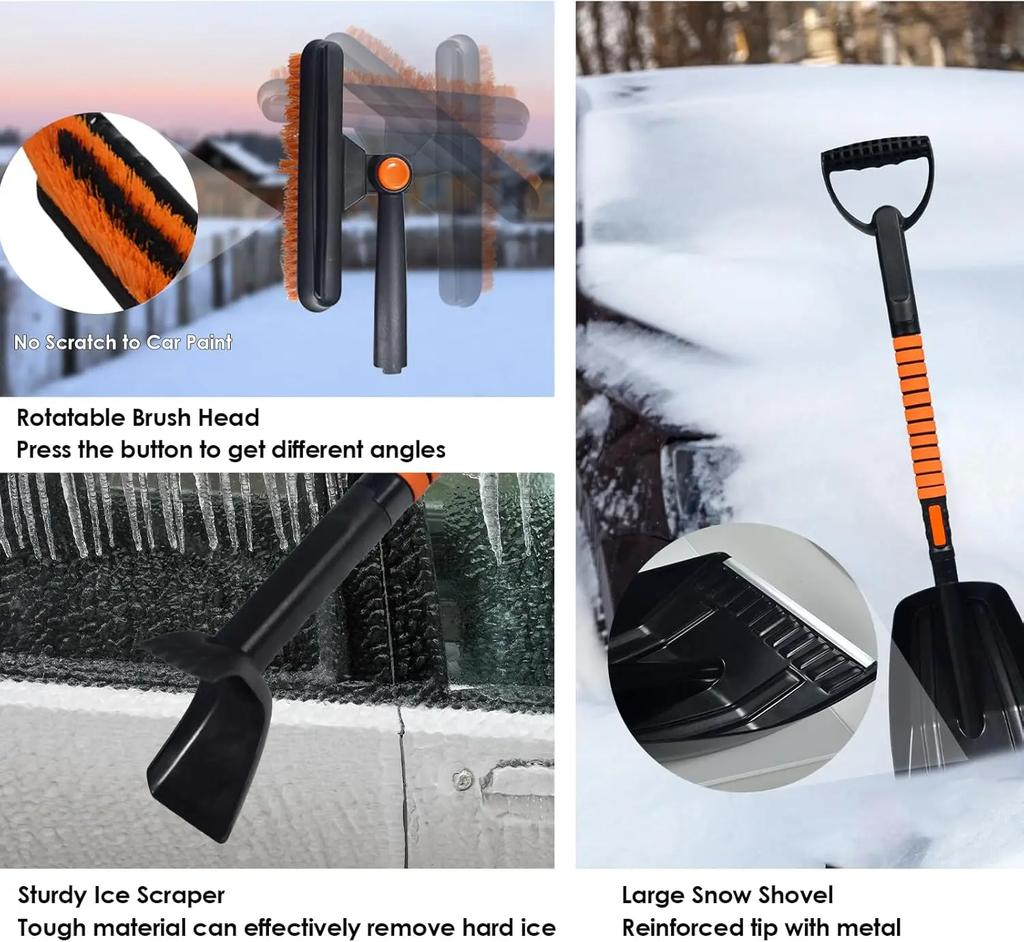3 In 1/5 In 1 Car Snow Kit W/Ice Scrapers for Car Windshield Telescoping Foam Grip 270° Pivoting Snow Brush for Car Truck SUV