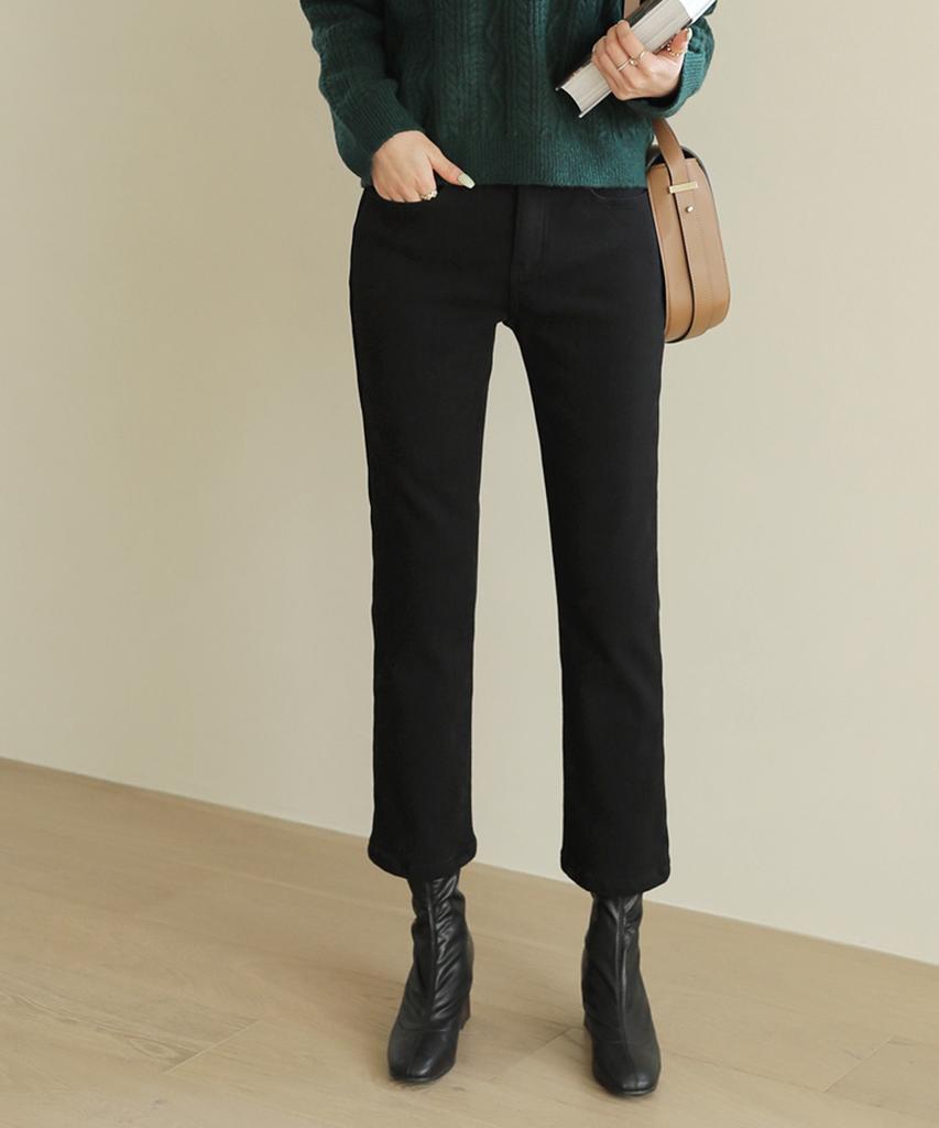 Ppaeppae Fleece-Lined Inner Elastic Black Straight Cotton Pants