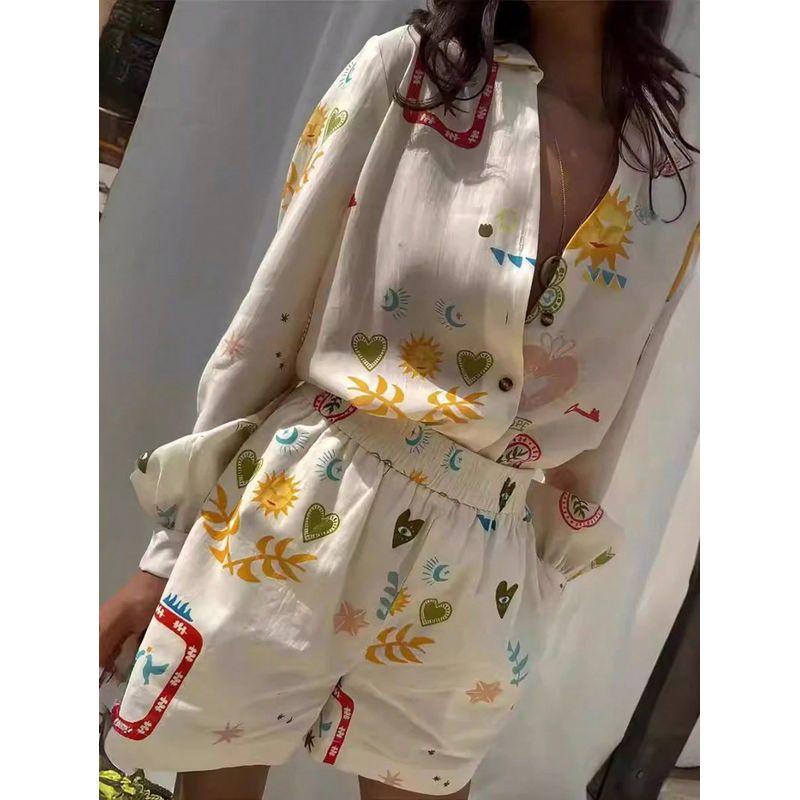 Printed Long Sleeve Shirt Shorts Set Print Long Sleeves Shirt Shorts Suit