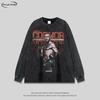 Unisex Übergroßes Baumwoll-Langarmshirt Streetwear Vintage-Print Lockerer Schnitt Rundhalsausschnitt Lässiges Oberteil