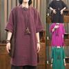 Women's Black Linen Tunic Top Half Sleeve Mandarin Collar Loose Casual Shirt
