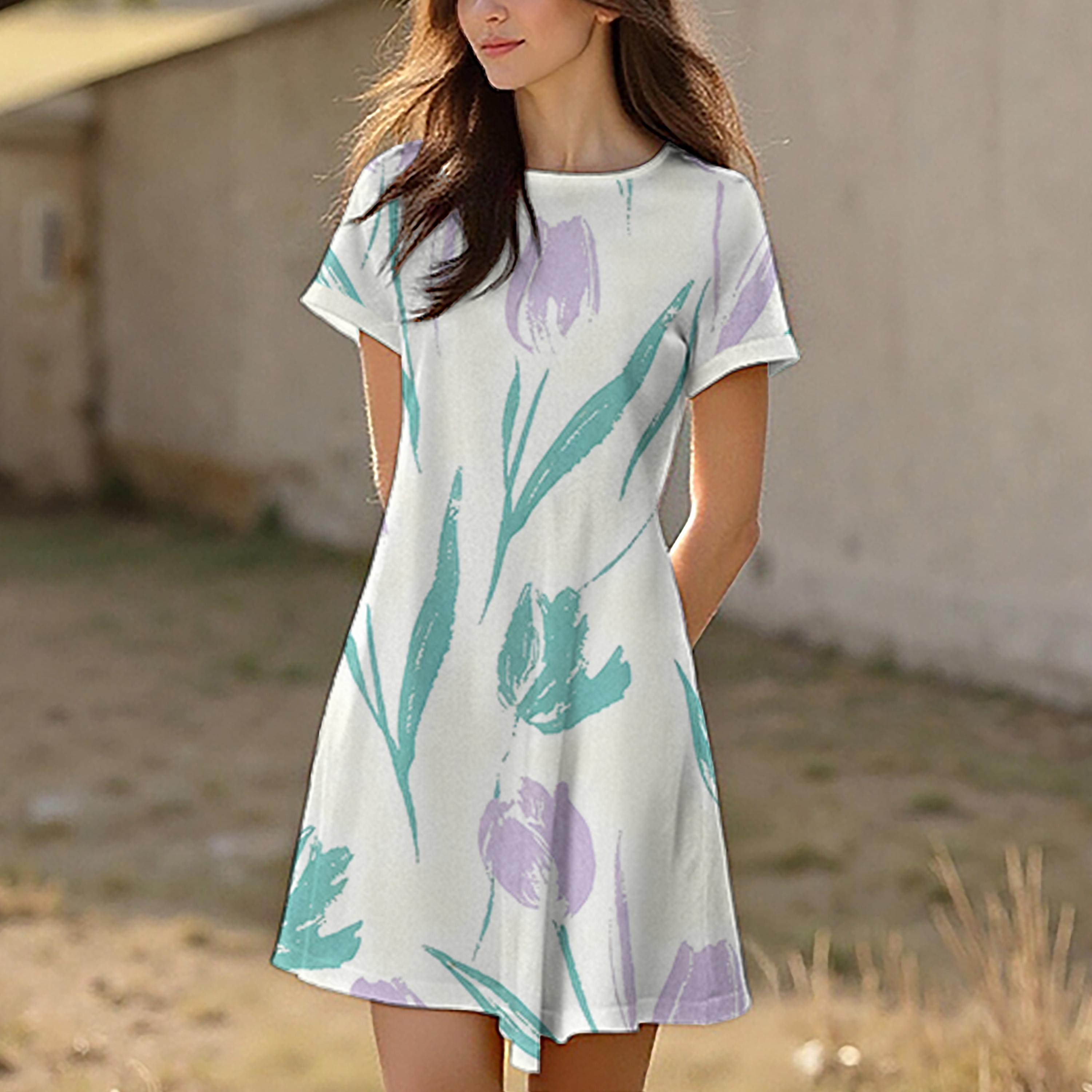 Round neck raglan sleeve dress, summer A-line silhouette, women s casual, comfortable, stylish and breathable. S