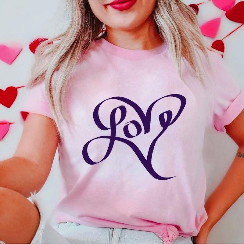 New Women's T-Shirts Clothing Valentine Leopard Love Heart Print Tees Breathable Tshirt Loose Top Harajuku Casual Short Sleeve