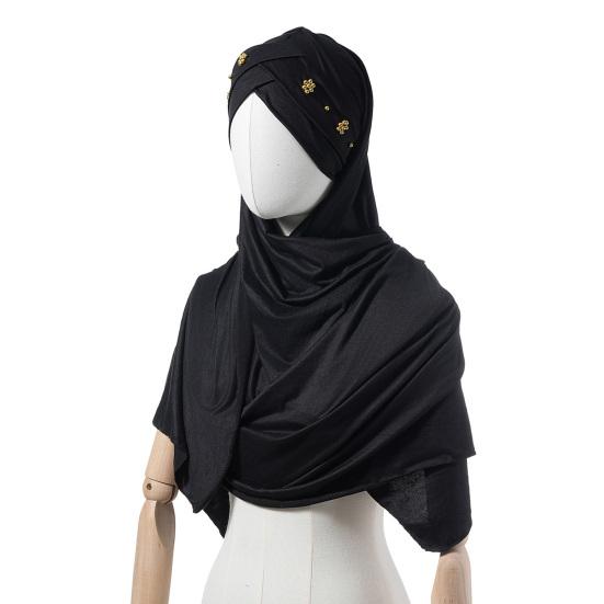 Headscarf Hat with Bright Bead Pleated Design Solid Color Shawl