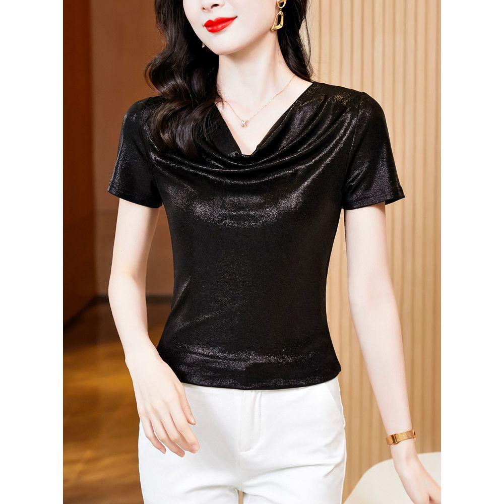 

Temperamental Slim Neck Short-sleeved T-shirt Top for Women s Summer New Style and Versatile Slim Fit and Slim Mother s Shirt L чёрный