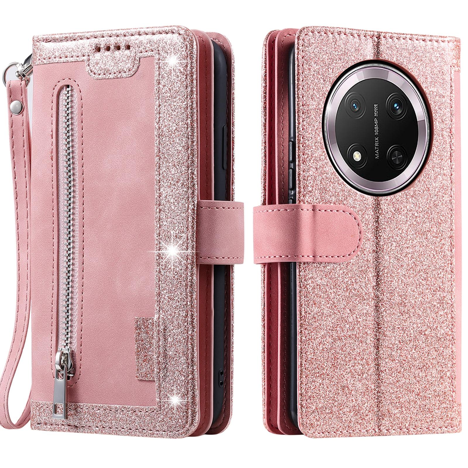 

For Honor Magic7 Lite 5G/X9c 5G/X60 Pro 5G Case PU Leather Phone Cover with Zipper Wallet 9 Card Slots Rose Gold
