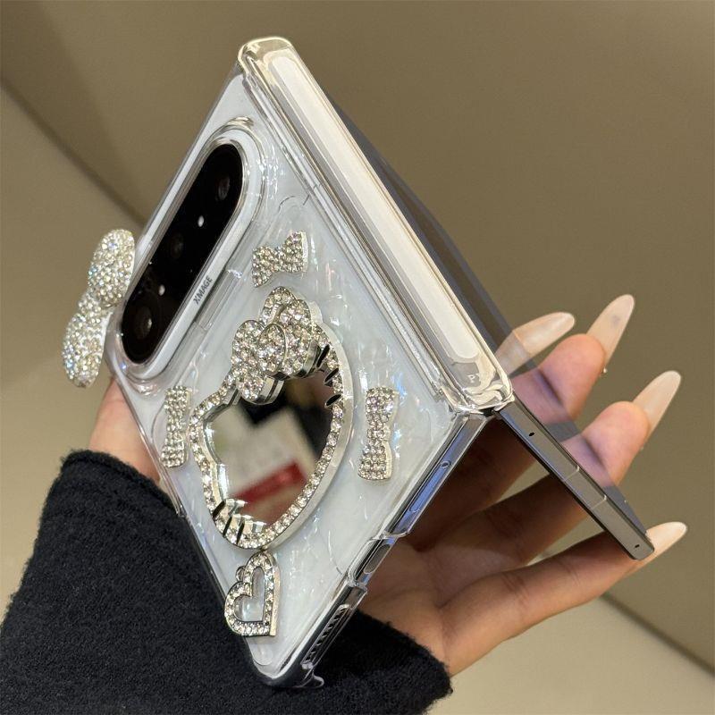 Kawaii KT Cat Makeup Mirror Phone Case Pura X Max Foldable Dual Hinge Shockproof TPU Cover With Chain