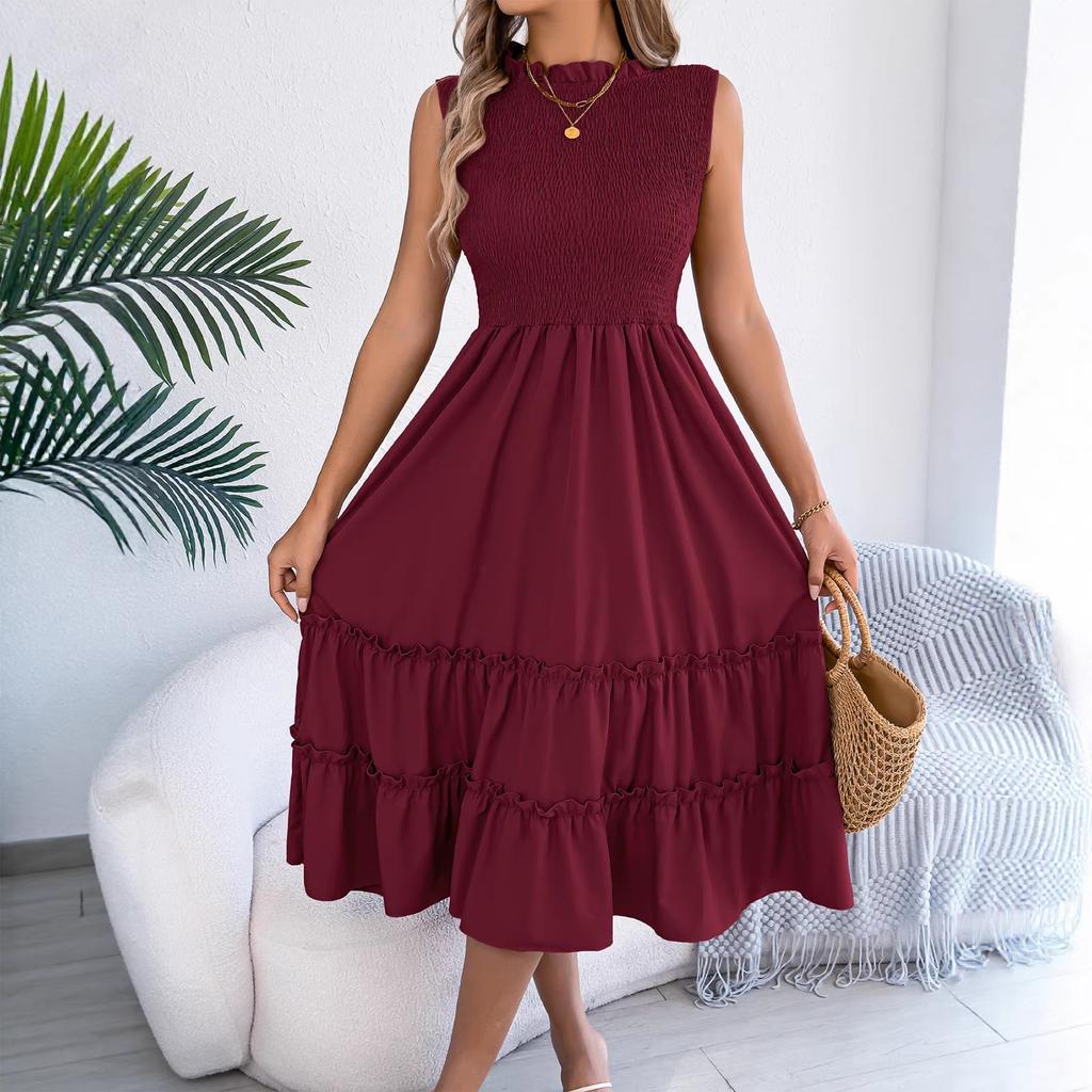 Women's Fashionable Color Round Neck Casual Sleeveless Dress With A Gathered Waist And Black Fungus Edge