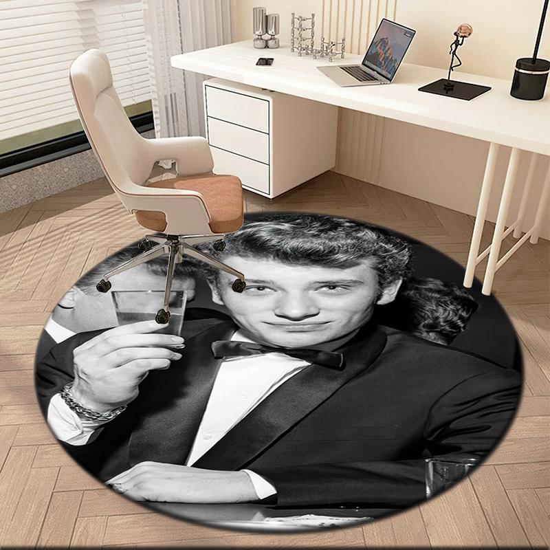 1pc Black and White Retro Johnny Hallyday Round Carpet Painted Printed Circular Carpet, Home Door Mat, Outdoor Travel Protection Carpet