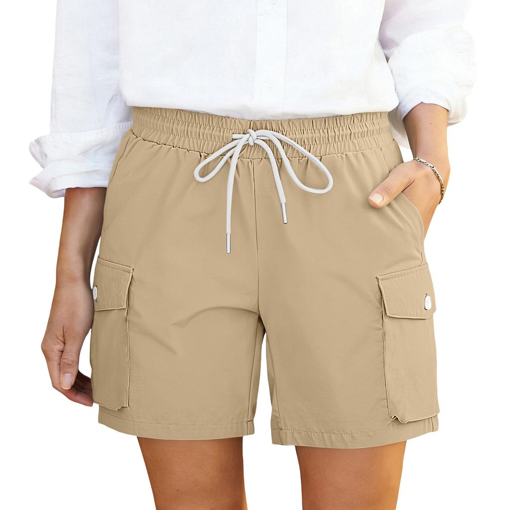 Women Straight Leg Cargo Shorts Relaxed Fit Outdoor Athletic Hiking Travel Shorts with Elastic Waist Drawstring and Pockets