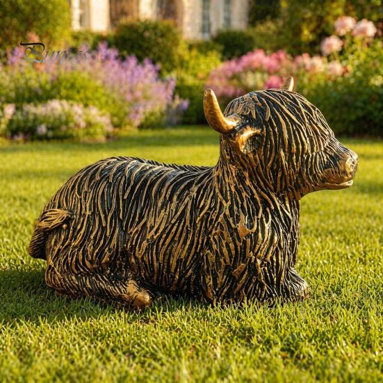 Vintage Copper Finish Garden Art Highland Yak Resin Figurines, Bronze Animal Statues, Weatherproof Sitting Set Farmhouse Decor for Living Room