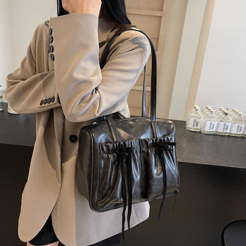 Commuter Vintage Underarm Bag Women's Bow Double Pocket Tote Bag Large Capacity Shoulder Bag