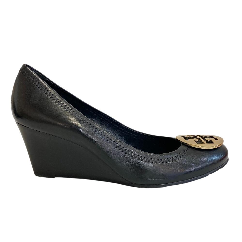 Tory Burch Wedge sole Double T logo leather Caroline 54 pumps black leather Women Used