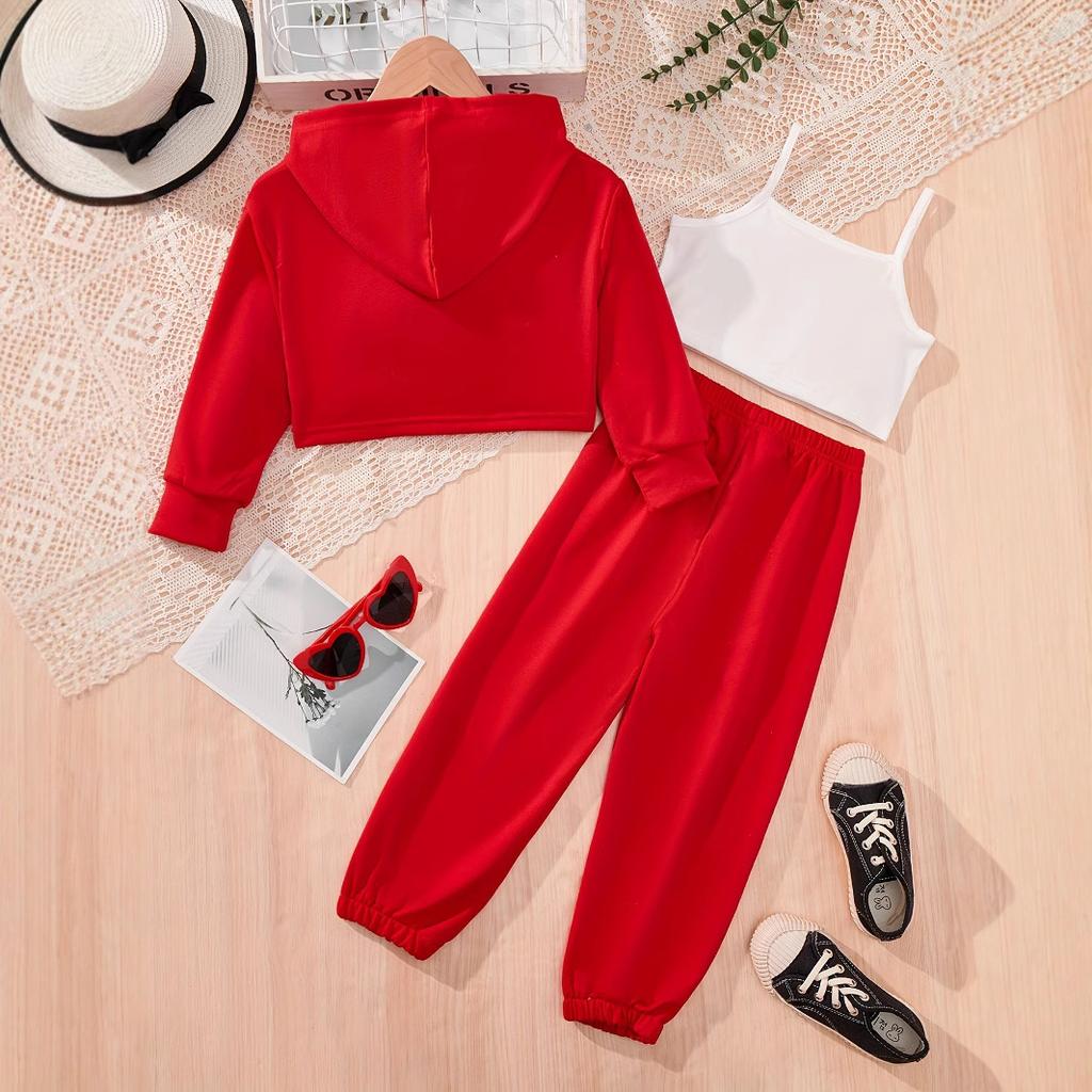 Girls' Fashionable Hooded Sweatshirt with Suspenders and Tie-on Shorts - 3-piece Summer Children's Casual Set