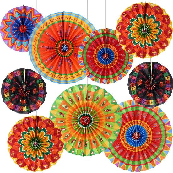 Outus 9 Pcs Mexican Fiesta Hanging Paper Fans Decorations Fiesta Party Supplies Cinco De Mayo Ceiling Wall Decor for Taco Tuesday Event Decor Luau