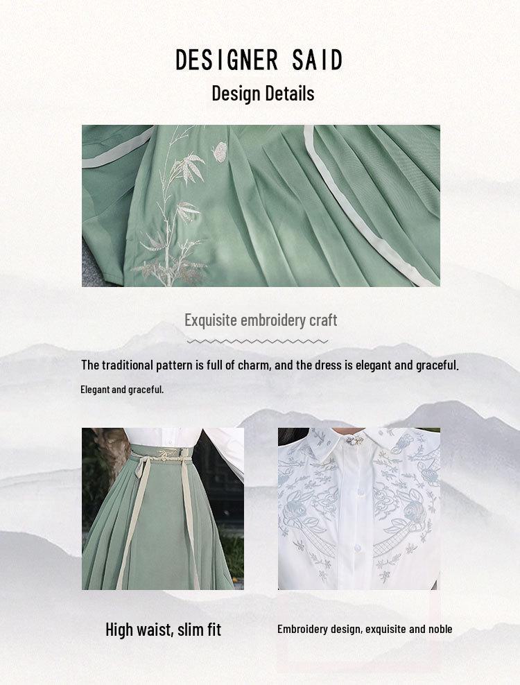 Embroidered Flower Chinese Hanfu Set: Short Sleeve Top & Horse-Face Skirt